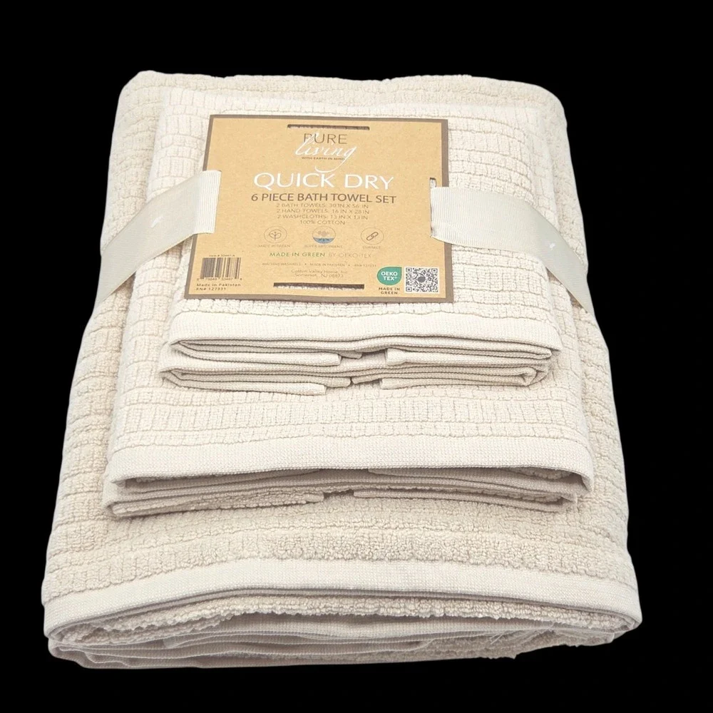 Pure Living 6pc Ecru Raised Cotton Bath Towel Set 2 Bath 2 Hand 2 Washcloths